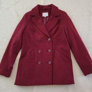 Wool Blend Midi Pea Coat Women's Size Medium Burgundy Red Lined